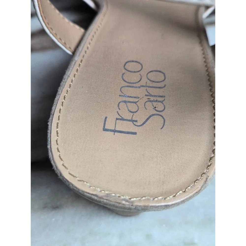 Franco Sarto Annika Cream Leather Low Wedge‎ Sandals Mens 10M Ivory Buckle Strap